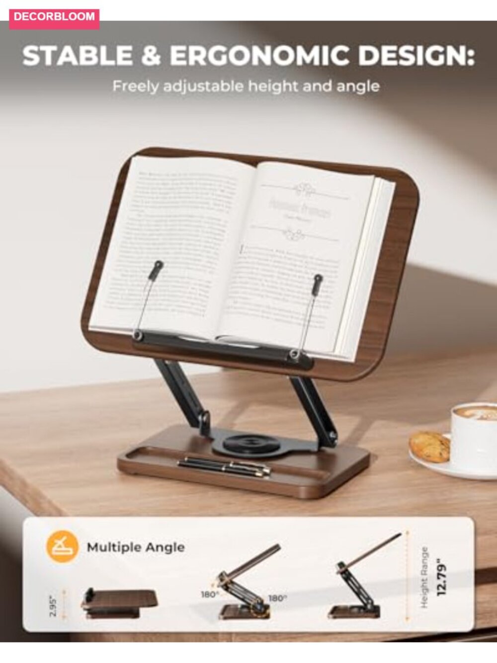 Wooden Adjustable Book Stand 360 Rotation Reading Holder - Picture 3 of 3